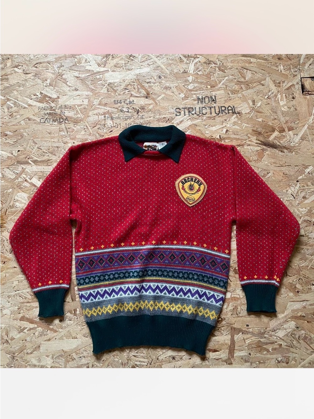 Men's Vintage Red Patterned Crewneck Sweater with Green  Collar